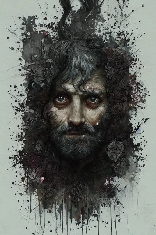 Image similar to portrait of hairy old man with aquarelle painted skin. close up. very dark black hair, large eyes. intricate dark flowers pattern on background, high detail, by Peter mohrbacher