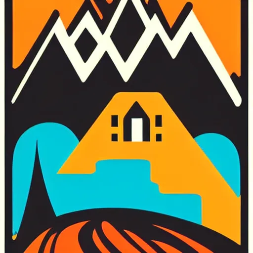 Image similar to minimal vector art sticker of a white and black cute thor chateau! motorhome camper!!, highway, mountains and colorful sunset!!, dramatic, warm bright colors, thick lines, very minimal vector art, sticker!! by tom whalen