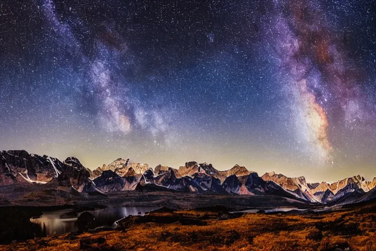 Prompt: beautiful nighttime landscape photography of the Rocky Mountains with a crystal blue lake, hyper detailed milky way galaxy sky, serene, dramatic lighting, wide angle lens