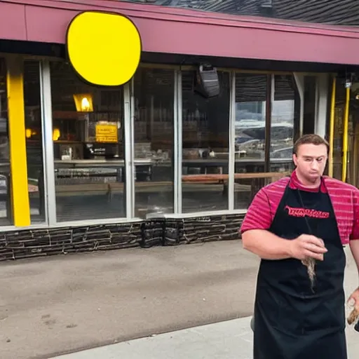 Image similar to wafflehouse restaurant cook standing outside smoking a cigarette