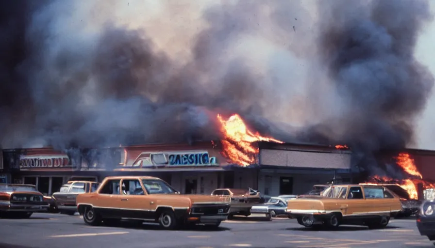 Image similar to 7 0 s movie still of chase bank burning, cinestill 8 0 0 t 3 5 mm eastmancolor, heavy grain, high quality, high detail