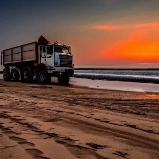 Image similar to a mining dump truck chilling on the beach, sunset