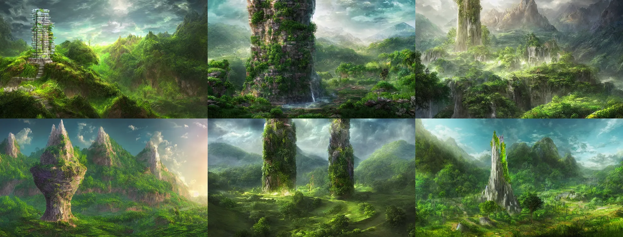 Prompt: a gargantuan crystal tower rises from a verdant valley landscape, very beautiful, professional digital art