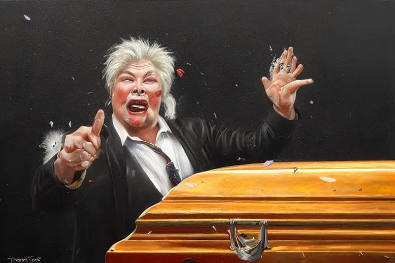 Image similar to portrait of rip taylor throwing confetti during a funeral service, an oil painting by ross tran and thomas kincade