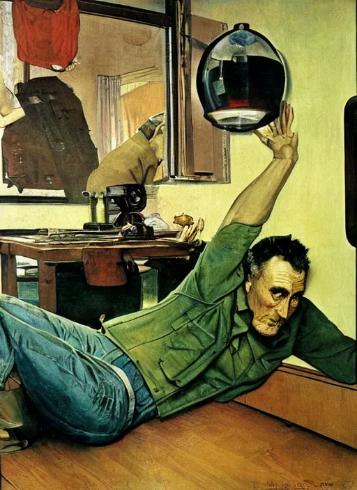 Image similar to dennis hopper crawling around on the floor of a dingy apartment, painted by norman rockwell and frank schoonover, green, dystopian