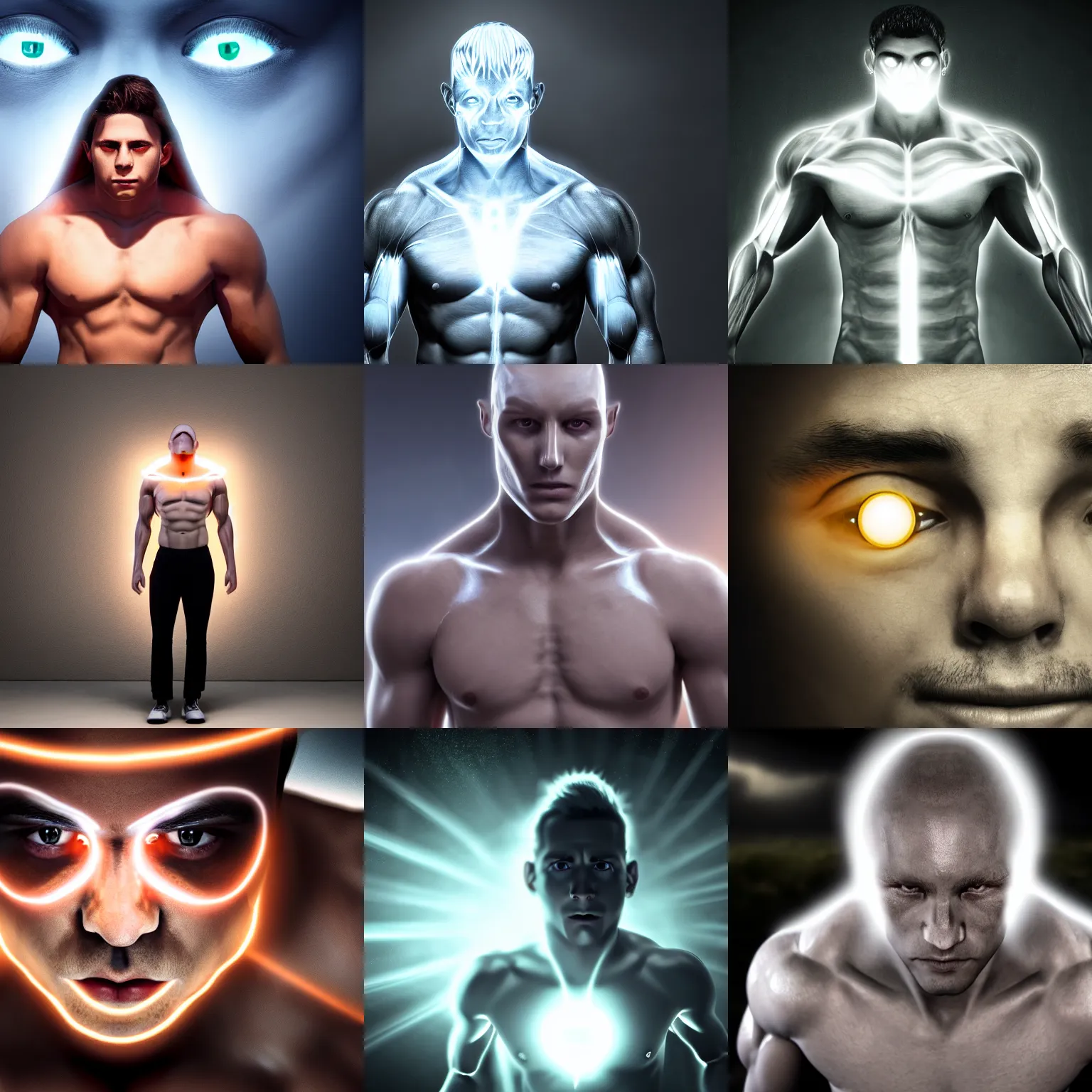 Prompt: muscular omega male glowing white eyes powerful aura cinematic 4 k hd professional photo photorealistic detailed photograph upper body