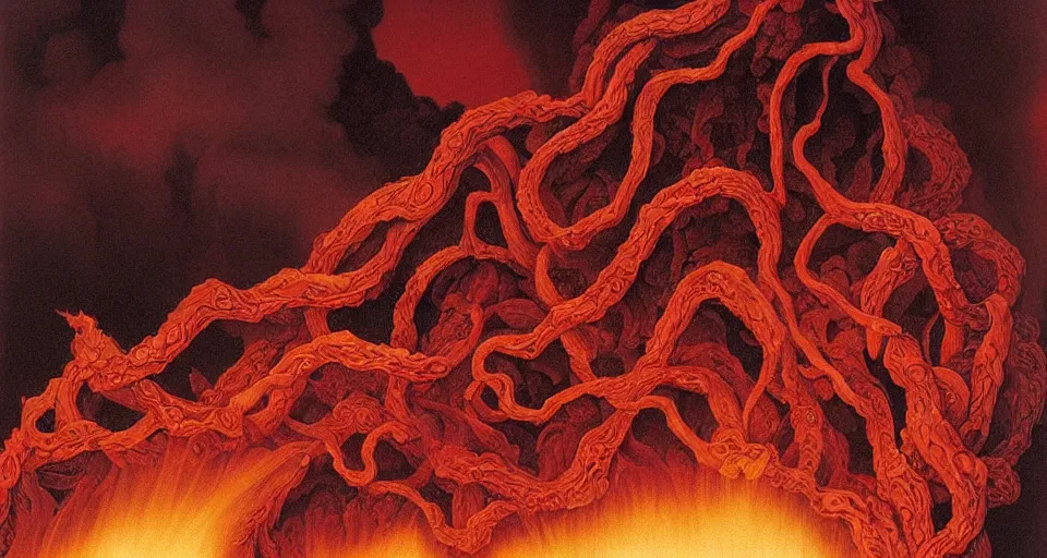 Image similar to a volcano made of ivory vines and crimson rocks enters in eruption, it spits a smoke in the shape of demonic eye, by Thomas Blackshear