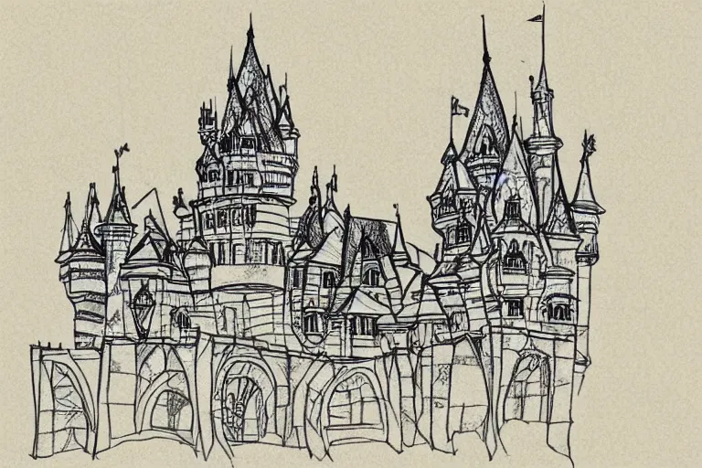 Image similar to single line sketch of elaborate intricate castle, scribble sketch, small details,