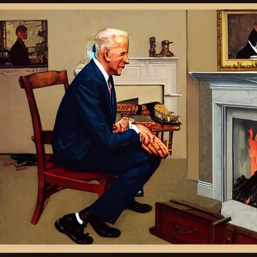 Prompt: a portrait painting by Norman Rockwell of Joe Biden sitting in a chair. Cozy fire. hands on arm rests. Legs apart