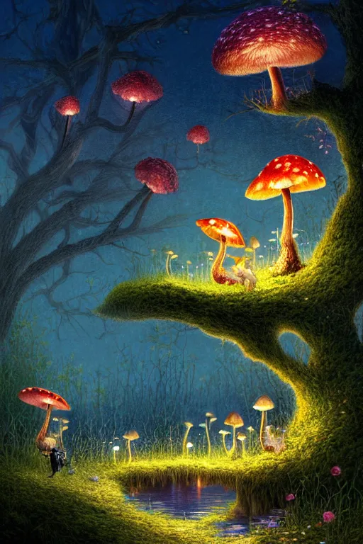 Image similar to a beautiful digital illustration painting of a detailed fantasy fireflies lake and roots, dark mushroom, speckled mushroom, kittens, flowers by benoit b. mandelbrot, steven belledin, martin johnson heade, lee madgwick, caspar david friedrich, and david rios ferreira. 8 k resolution trending on artstation concept art digital illustration