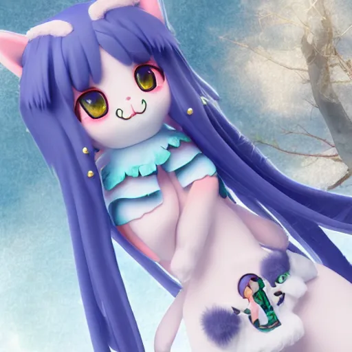 Image similar to cute fumo plush of a catgirl priestess of the cathedral of the forest, feline catmaiden, vray