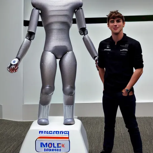 Image similar to showing off his muscles, shiny skin, f 1 driver charles leclerc, on display, who is a male android, posing like a statue, blank stare, humanoid robot, frozen ice statue, made of ice, a realistic detailed photo of a guy who is an attractive humanoid who is half robot and half humanoid, by the pool