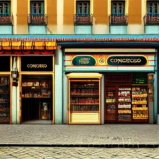 Prompt: A fantasycore of a convenience store with photograph of 2022 portugal lisbon on the street of a very highly detailed logital eldritch city matte painting art by WLOP, a 12x(very) much logical detailed Dimensional cyan gold natural light, highly logical and striking detailed architecture by alphonse mucha
