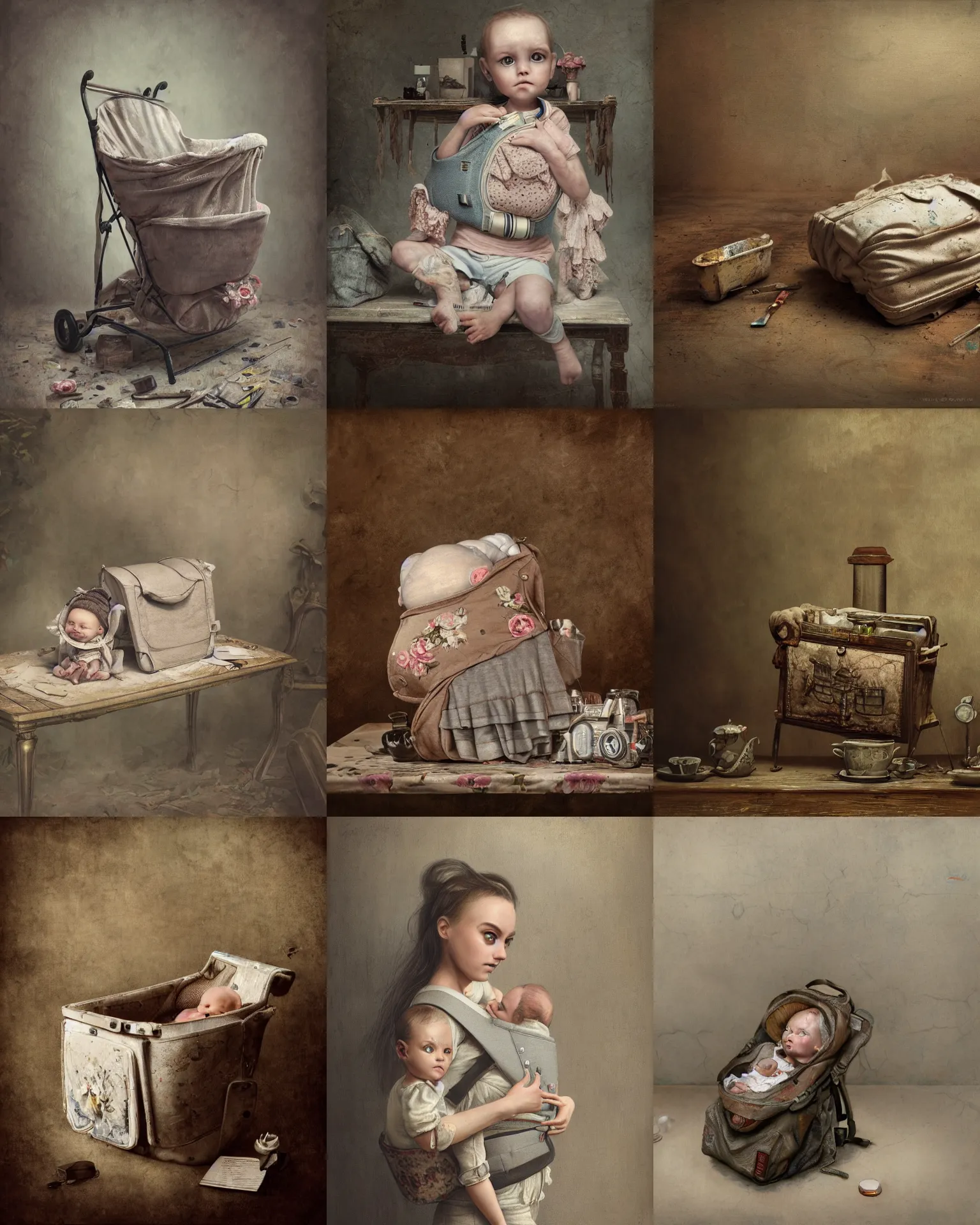 Prompt: painting of a old, very used worn out baby carrier sitting on a table, no people, depth of field, zeiss lens, fashion photoshoot by nicoletta ceccoli, mark ryden, lostfish, breathtaking, detailed and intricate environment, 8 k resolution, extremely detailed, beautiful, establishing shot, artistic, hyperrealistic, octane render