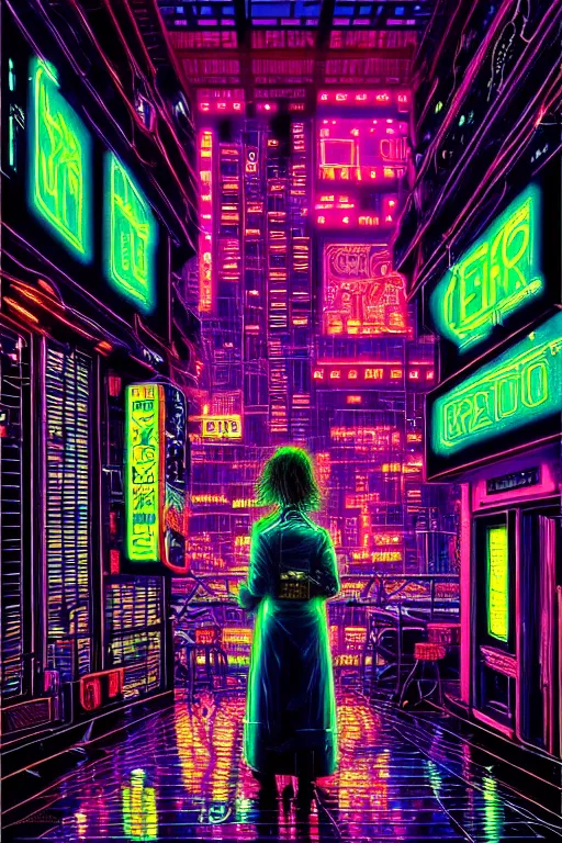 Prompt: dreamy cyberpunk girl, neon coat, detailed acrylic, city bar, intricate complexity, by dan mumford and by alberto giacometti, peter lindbergh