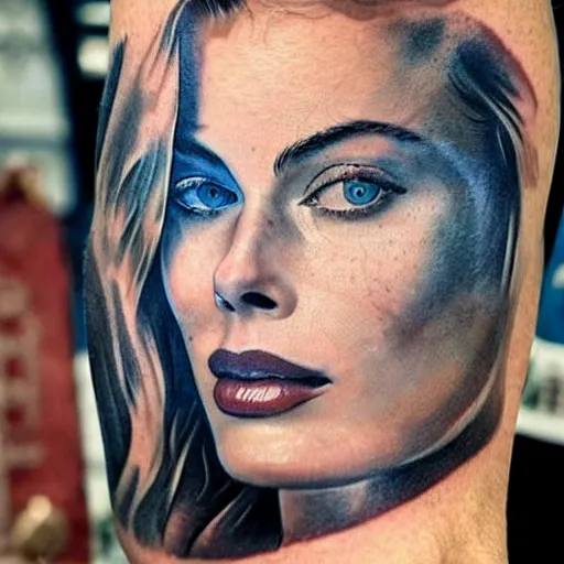 Prompt: realism tattoo design of margot robbie and beautiful mountains mash up, in the style of arlo dicristina, amazing detail, face morph
