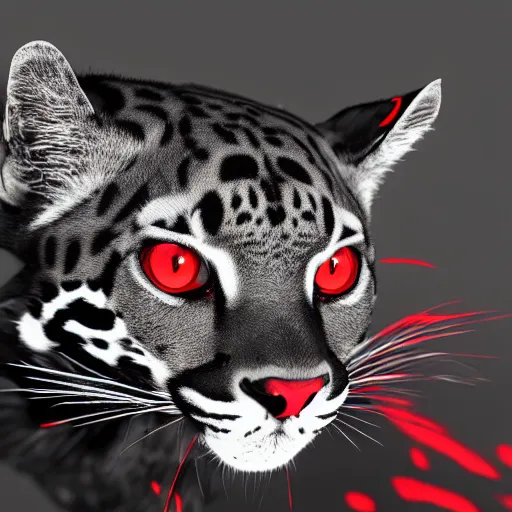 Prompt: profile shot of a black and red ocelot, dramatic, cinematic, high contrast, octane render, abstract, 4k