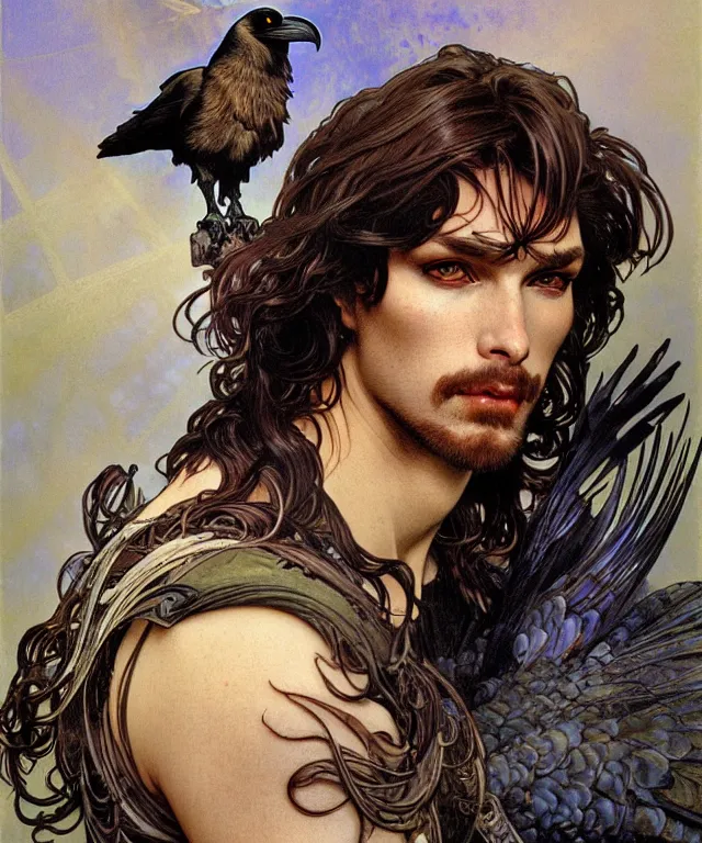 Prompt: realistic detailed face portrait of a rugged handsome male raven prince with ravens by alphonse mucha, ayami kojima, amano, greg hildebrandt, and mark brooks, male, masculine, art nouveau, neo - gothic, gothic, character concept design