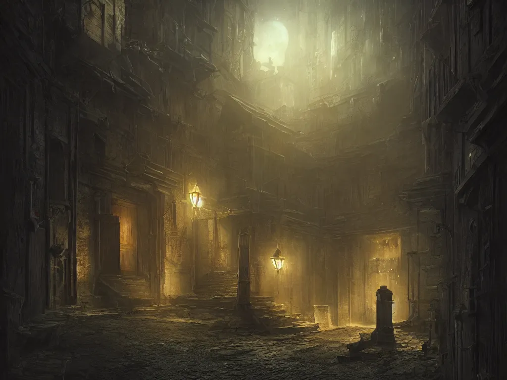 Image similar to a detailed matte painting of a nightscene with a dark alley at the end an illuminated door in the style of greg rutkowski and hiromasa ogura