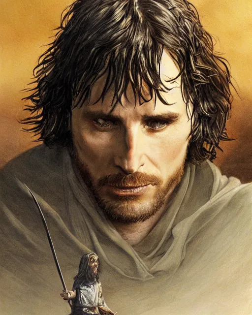 Image similar to Christian bale as Aragorn, by Alan Lee and John howe, at sunset, concept art, detailed clothing, featured on art station, matte painting