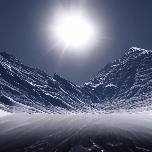 Image similar to dark solar eclipse, small in size, rocky mountains, highly detailed, photorealistic shot, bright studio setting, studio lighting, crisp quality and light reflections, unreal engine 5 quality render