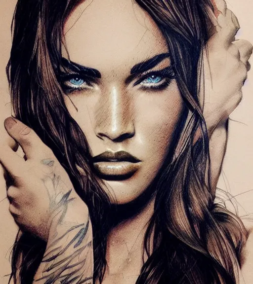 Image similar to megan fox face double exposure with beautiful mountains, tattoo sketch, hyper - realistic, in the style of matteo pasqualin, amazing detail, sharp, faded