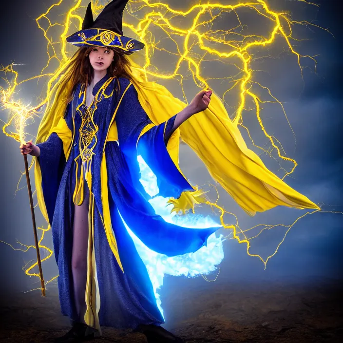 Image similar to photograph of a real - life beautiful elemental lightning witch with ornate yellow and blue robes and staff. extremely detailed. 8 k