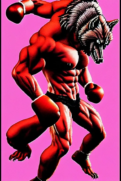 Image similar to extreme long shot. 8 bit nes graphics. antropomorphic muscular masculine wolf. kickboxer fighter, in shorts. wolf head. angry. fine details, very sharp, art from nes game cartridge, 8 0's, vhs artefacts, vaporwave style, marc simonetti and hermann nitsch and anish kapoor.