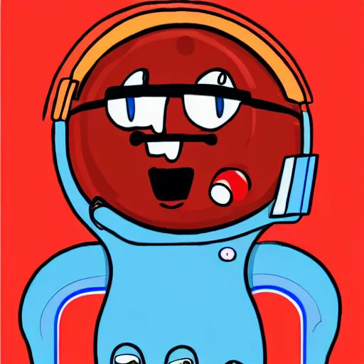 Image similar to 2 d cartoon of a red, short, bean shaped astronaut with no arms and a long blue visor