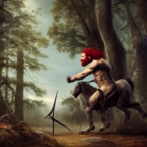 Image similar to bald man with a large red beard that's a centaur running through the forest holding a bow and arrow