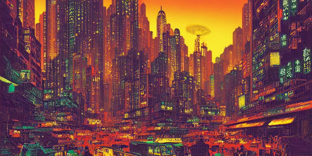 Image similar to artwork of hong kong by dan mumford and toshi yoshida and peter doig, vintage scifi, highly detailed, dramatic lighting, 8 k