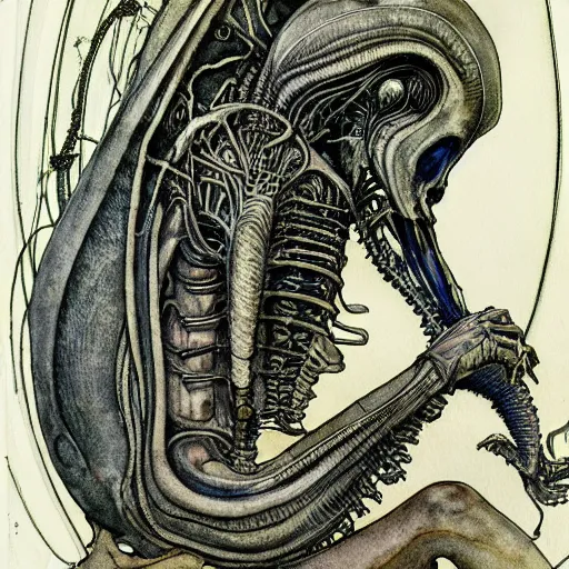 Image similar to a detailed, intricate watercolor and ink art nouveau portrait illustration with fine lines of h. r. giger's xenomorph alien head and torso, by arthur rackham and edmund dulac and lisbeth zwerger and alphonse mucha