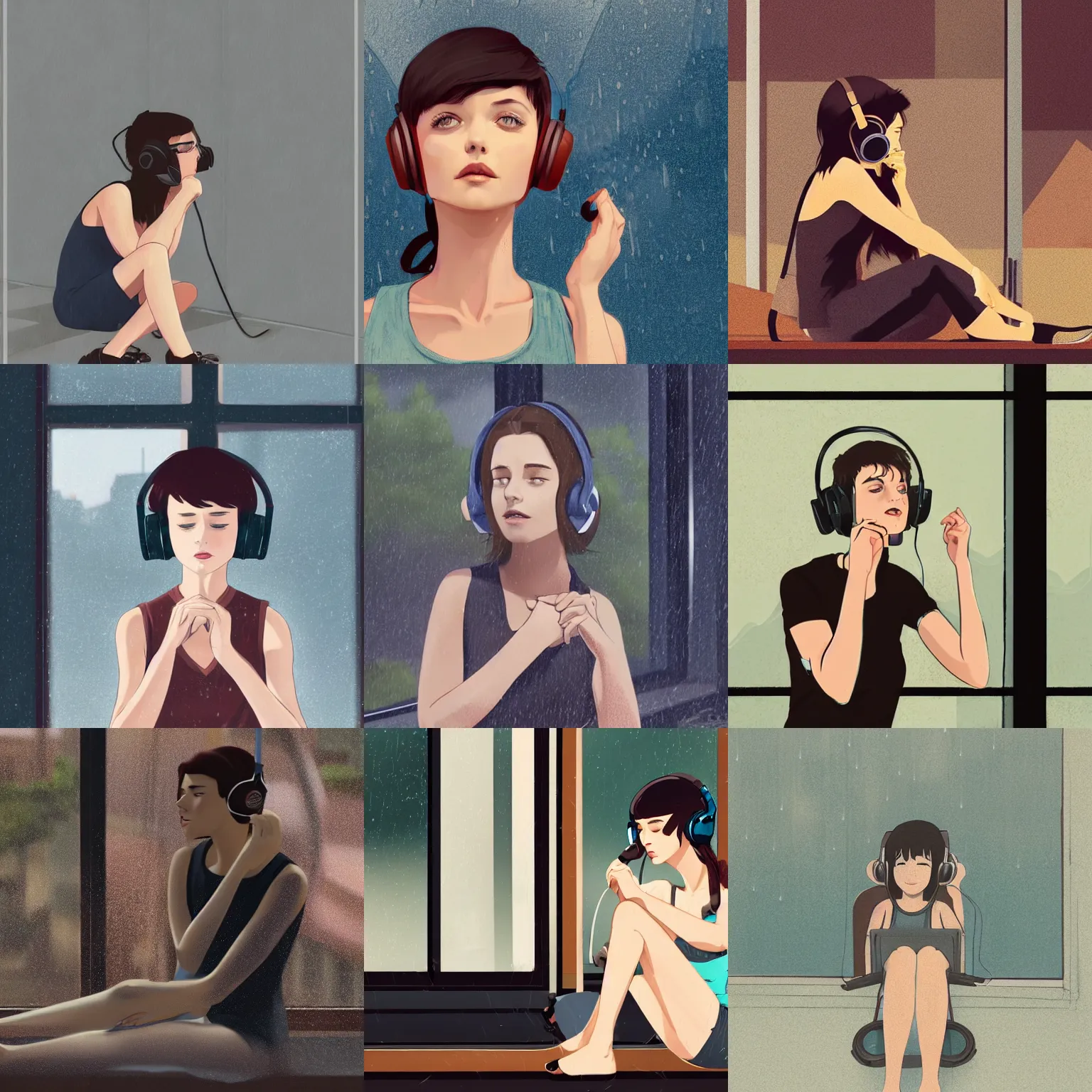 Prompt: beautiful girl with dark brown hair, wearing a low cut tanktop, sitting down, leaning against the window, headphones, rainy background, in the style of ilya kuvshinov