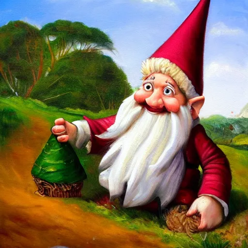 Image similar to a gnome having delight with goat manure, a detailed oil painting