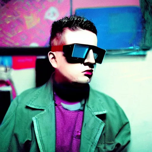 Image similar to kodak ektachrome e 1 0 0 photograph of a nerdy goth guy wearing goggles and eclectic jewelry, moody lighting, telephoto, 9 0 s vibe, blurred background, vaporwave colors, faded!,