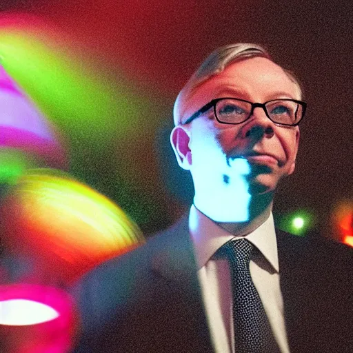 Prompt: A photo of Michael Gove on a magic mushroom trip at the club, disco lights, psychedelic, bokeh