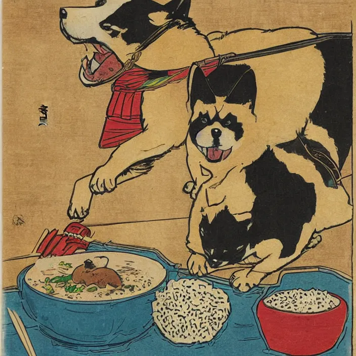 Prompt: comic book artwork of a shiba inu samurai eating a bowl of rice