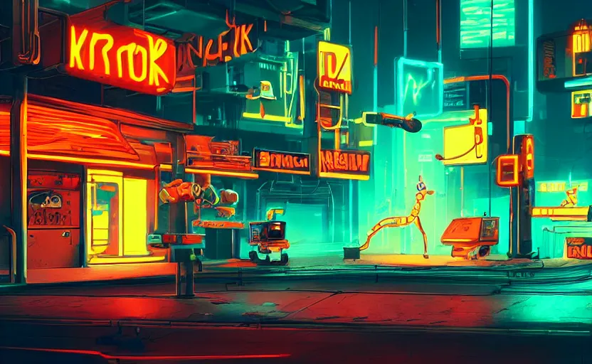 Image similar to Skinny orange cat in cyberpunk with neon signs and robots, very detailed, very photorealistic.