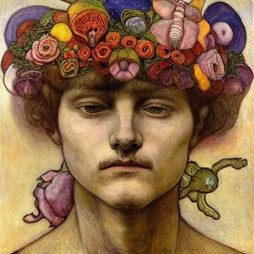 Prompt: the flower prince wearing the bone crown, by Annie Swynnerton and Diego Rivera and Elihu Vedder, symbolist, dramatic lighting, elaborate geometric ornament, Art Brut, soft cool colors,smooth, sharp focus, extremely detailed, Adolf Wölfli and Evelyn De Morgan