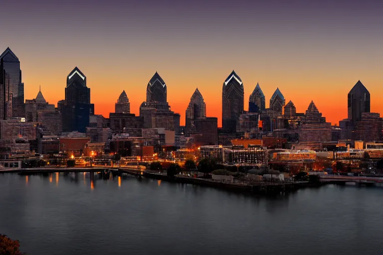 Prompt: the philadelphia skyline 2021 at dusk, dramatic, epic, cinematic