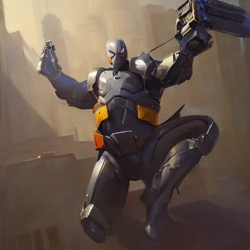 Image similar to greg manchess portrait painting of armored spiderman as overwatch character, medium shot, asymmetrical, profile picture, organic painting, sunny day, matte painting, bold shapes, hard edges, street art, trending on artstation, by huang guangjian, gil elvgren, ruan jia, greg rutkowski, gaston bussiere