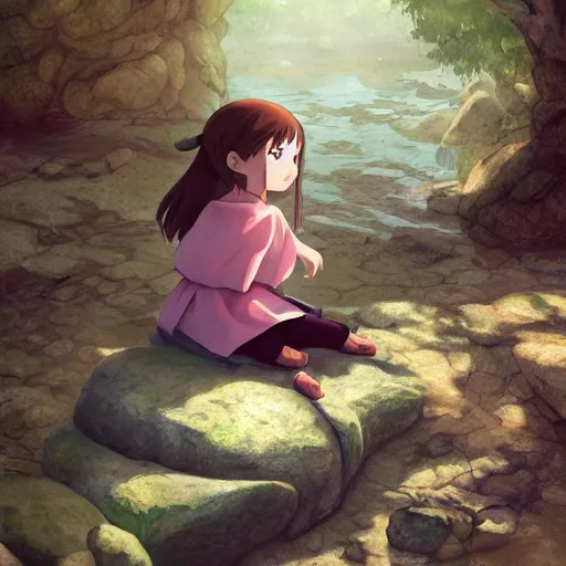 Image similar to a painting of a little girl sitting on a rock, a digital painting by hayao miyazaki, cgsociety, metaphysical painting, 2 d game art, storybook illustration, detailed painting