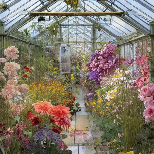 Prompt: a beautifull intricate watercolour painting of a greenhouse with many flowers, reflexions, verry high details by william turner art, greg rutkowski and alphonse mucha, trending on artstation, very very detailed, masterpiece, - h 7 0 4