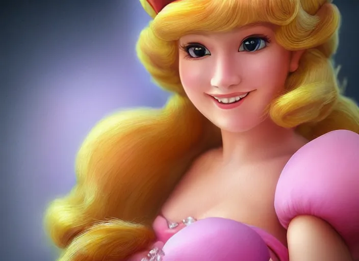 Image similar to a closeup, 4 5 mm, detailed photograph hyper realistic princess peach portrait, with a seductive smile, beautiful low light, 4 5 mm, by franz lanting