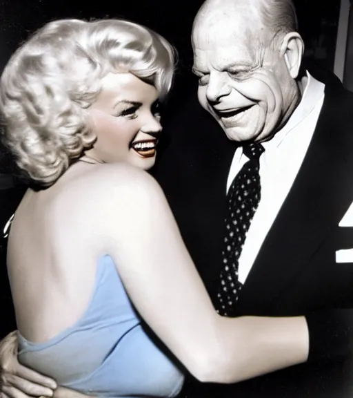 Prompt: Don Rickles hugging marlin monroe, color photo,