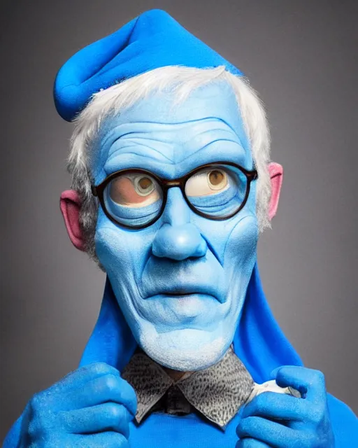 Image similar to David Letterman as Pappa Smurf in Elaborate Rick Baker Makeup Prosthetics for live action remake of The Smurfs, Studio Lighting, Highly detailed, Trending on Artstation, Studio Lighting Photographed in the Style of Annie Leibovitz