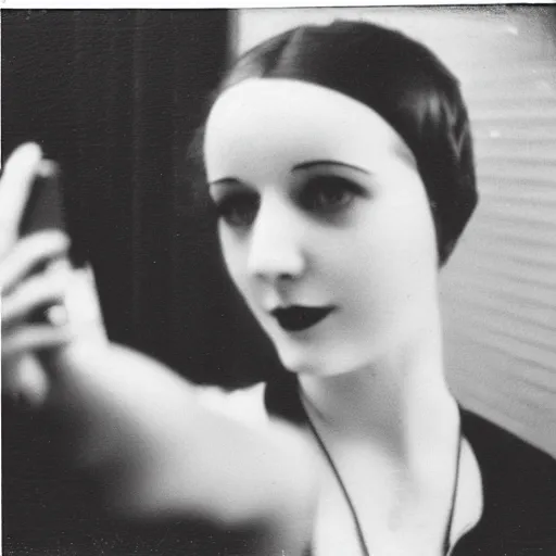 Image similar to vintage photo of a modern girl in the 1920s taking a selfie with an iPhone, 35mm film