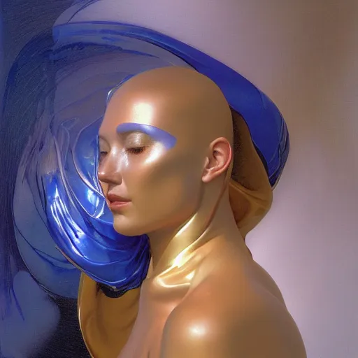 Prompt: a chrome woman's face in flowing sheets of cobalt blue gold chrome silver satin, by moebius syd mead roger dean donato giancola michael whelan yoshitaka amano ivan aivazovsky jan de heem pieter claesz paul delaroche alma tadema aelbert cuyp willem claesz isaac levitan, hyperrealistic volumetric light render