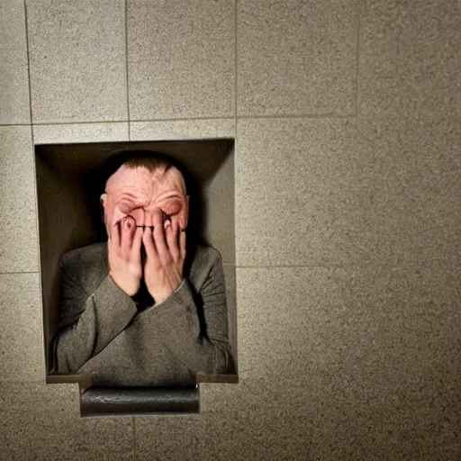 Prompt: Man crying hard because he was reincarnated as a urinal