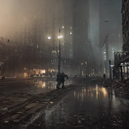 Prompt: A gunfight in a gritty nocturne city, dark city ruins, fog, dark clouds, rain, poverty realistic 4k octane beautifully detailed render, 4k post-processing, highly detailed, intricate complexity, epic composition, magical atmosphere, cinematic lighting, masterpiece, ultra hd